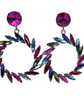 Glamour Multi Gemstone Marquise Crystal Cluster Hoop Earrings | Pageant Special